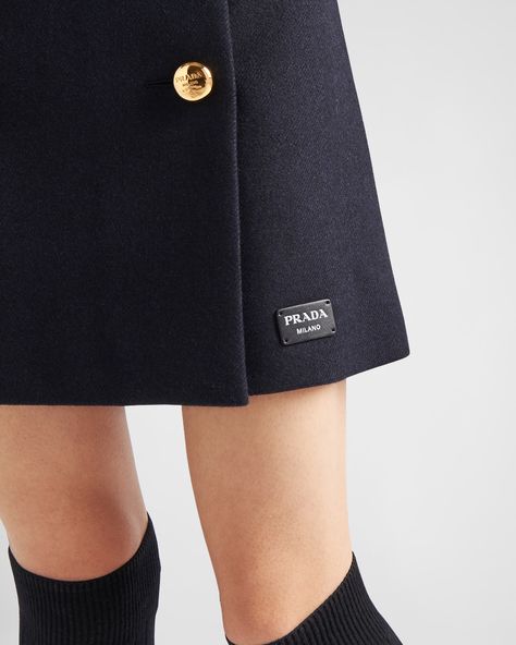 Navy Wool Miniskirt | PRADA Aesthetic Codes, Organza Midi Skirt, Logo Label, Leather Logo, Dolce & Gabbana, Wrap Around, Harrods, Valentino Garavani, Patch Logo