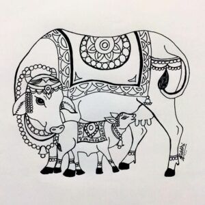 Cow With Calf Drawing, Cow Embroidery Design Blouse, Pichwai Paintings Cow And Calf, Krishna Cow Drawing, Pichwai Cow Sketch Printable, Cow Images Indian, Cow And Calf Drawing Easy, Vasu Baras Images, Kamadhenu Images