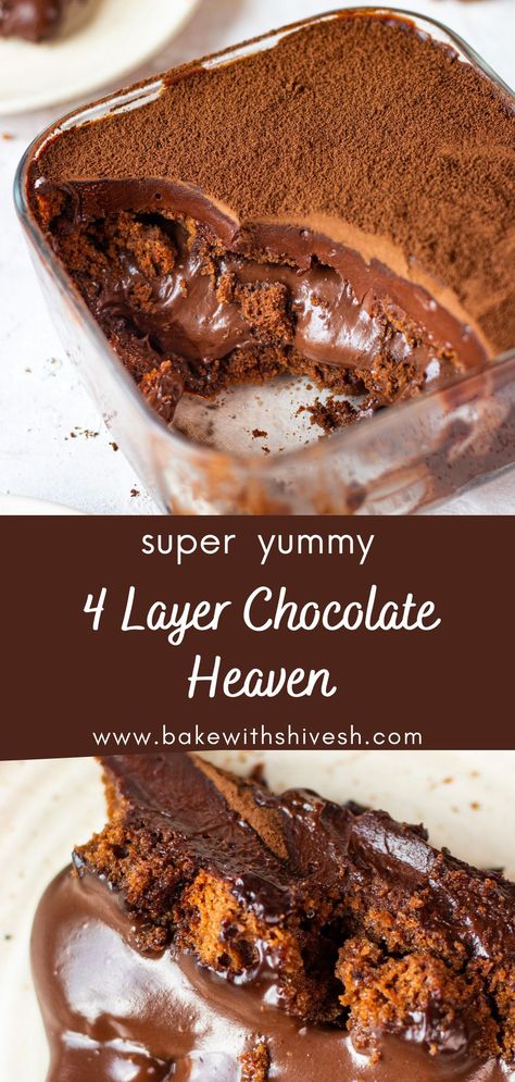 4 Layer Chocolate Dessert, Coffee Chocolate Dessert, Chocolate Heaven Cake, Dessert Chocolate Recipes, Chocolate Layered Pudding Dessert, Cake Soak Recipe, Four Layer Chocolate Dessert, Layered Chocolate Pudding Dessert, Chocolate Bar Recipes