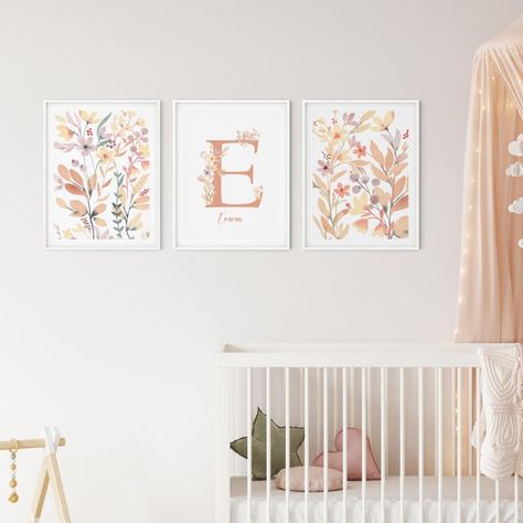 Nursery Watercolor Paintings, Watercolor Nursery Girl, Art Above Crib, Girl Nursery Wall Art, Wildflower Watercolor, Name Drawings, Name Paintings, Name Decor, Boho Flower Girl