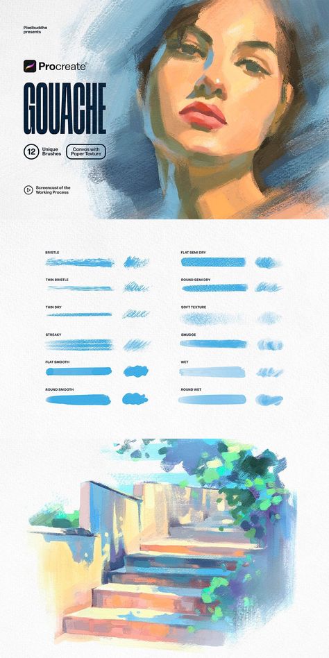 Procreate Gouache Brushes: The best set for digital painting ✍️ Krita Tutorial, Procreate Gouache, Draw Procreate, Drawing Pro, Acrylic Illustration, Best Procreate Brushes, Photoshop Brush Set, Photoshop Brushes Free, Illustrator Brushes