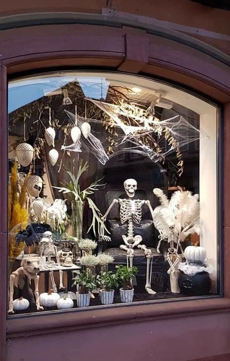 Halloween Store Window Display Ideas, Halloween Boutique Window Display, Halloween Store Front Windows, Halloween Bay Window Display, Halloween Shop Window Display, Halloween Store Window Display, Halloween Displays Retail, Halloween Store Windows, Fall Store Displays