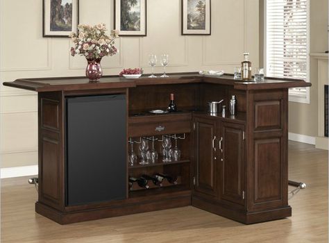 I really like this model because I like the L-shaped home bars... yet this model isn't too large which makes it easy to fit in most rooms. Indoor Bar Ideas, Home Bar Cabinets, Wine Bar Furniture, Small Home Bar Ideas, Bar En Palette, Mini Bar At Home, Building A Home Bar, Small Bars For Home, L Shaped Bar