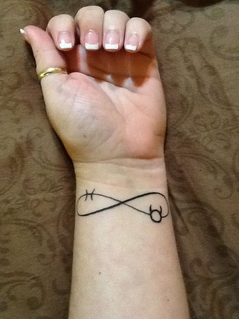 Pisces And Taurus Infinity Tattoo <3/I love my Pisces. With all my heart, I love my Pisces. I cannot thank God enough for my Pisces, and the love and support he always shows me. My Pisces, I love you. Pieces And Taurus Tattoo, Gemini Sign Tattoo, Shen Long Tattoo, Gemini Zodiac Tattoos, Taurus Constellation Tattoo, Pisces Tattoo Designs, Gemini Tattoo Designs, Taurus Tattoo, Trevor Jackson