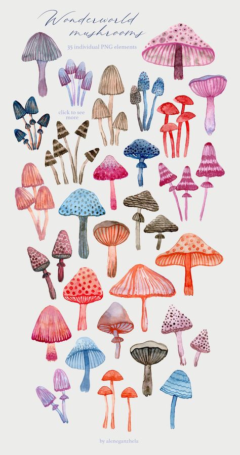 Alice And Wonderland Mushrooms, Mushroom Fabric Pattern, Mushroom Watercolor Art, Ceramic Mushroom Painting Ideas, Alice In Wonderland Watercolor, Funky Mushrooms, Mushrooms Diy, Mushroom Artwork, Mushroom Patterns