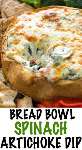 A rich and creamy Hot Spinach and Artichoke recipe dip is easy, delicious and totally cheesy! Once mixed, this dip is baked until warm and melty in a bread bowl and will be the hit of any game day party. Hot Spinach And Artichoke Dip, Bread Bowl Dip, Artichoke Recipe, Spinach Artichoke Dip Recipe, Spinach And Artichoke Dip, Pan Relleno, Artichoke Dip Recipe, Game Day Party, Artichoke Recipes