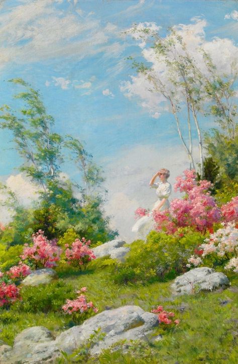 ೃ on Twitter: "“may morning” & “among the wild azaleas” (details), 20th century. charles courtney curran.… " Lukisan Lanskap, Seni Vintage, Soyut Sanat Tabloları, Seni Cat Air, Lukisan Cat Air, Aesthetic Painting, Naha, Romantic Art, Art And Illustration