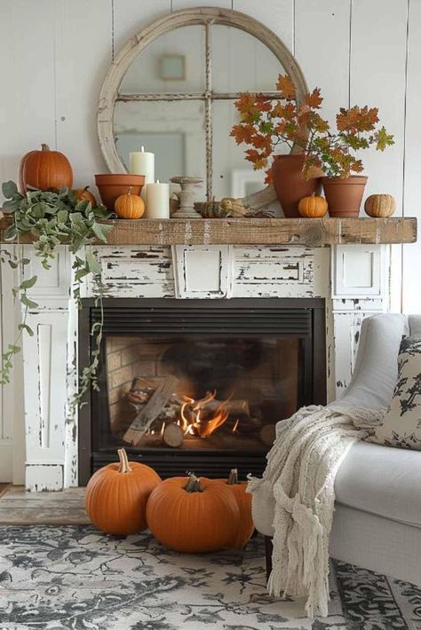 Fireplace Ideas For Fall, Mantle Decorating Ideas Everyday, Cottage Fall Decor, Fireplace Fall Decor, Fall Mantels, Mantle Decorating, Fall Mantel Decor, Mantel Decorating Ideas, Summer Mantel