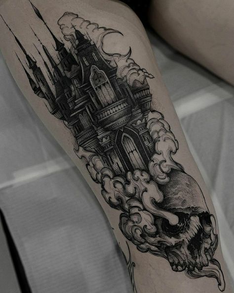 Gotik Tattoo, Shadow Tattoo, Tattoo New, Castle Tattoo, Medieval Tattoo, Wicked Tattoos, Fantasy Tattoos, Creepy Tattoos, Spooky Tattoos