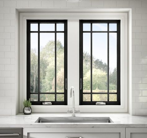 Casement Windows Kitchen, Black Casement Windows, Windows With Grids, Casement Windows Exterior, Mid Century Bungalow, Porch Windows, Kitchen Layout Plans, Dining Room Windows, Window Well