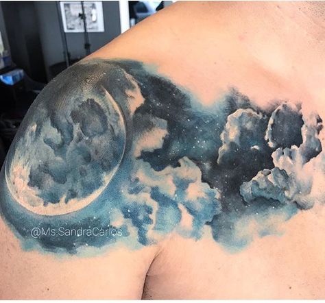 •Healed• Blue moon and skies! Thanks Alvaro!! #bluemoon #blueskies #mrbluesky #luna #blue #nightsky #nightclouds Clouds And Stars Tattoo, Night Sky Tattoos, Traditional Moon, Blue Moon Tattoo, Cloud Tattoo Design, Sky Tattoo, Sky Tattoos, Heaven Tattoos, Galaxy Tattoo