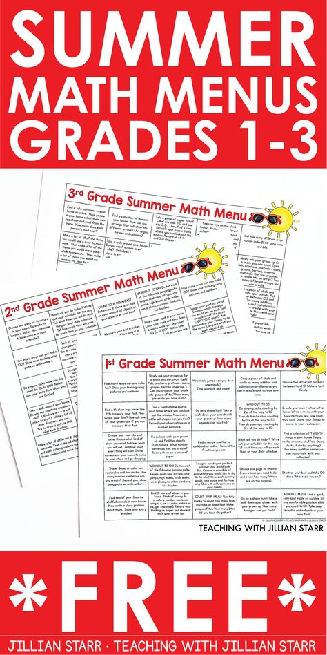 These summer math menus, calendars, or choice boards (you pick!) are the perfect activities to send home with your students. Each menu is filled with 50 hands-on, open-ended, and engaging math activities for kids finishing first, second and third grade. No more boring worksheets or packets to send home! These are sure to keep your kids excited to apply the math they've learned all year and reduce the dreaded summer slide! Grab yours for FREE! 3rd Grade Summer Packet Free, Summer School Math Activities 3rd Grade, 3rd Grade Summer Activities, 2nd Grade Prep Summer, Summer Learning Activities 3rd Grade, Summer Math Activities For Kids, Summer School Math Activities, Summer School Math, Math Choice Boards