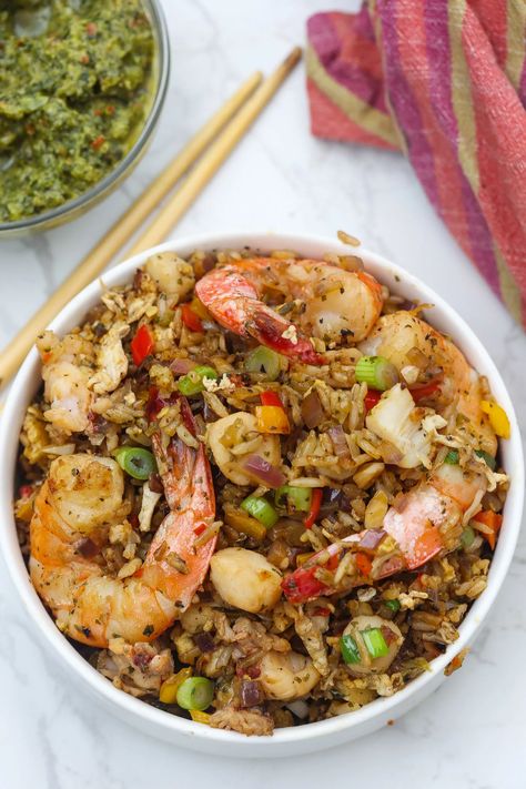 Rice To Go With Seafood, Caribbean Fried Rice, Seafood Fried Rice Recipes, Crab Fried Rice Recipe, Seafood Rice Recipe, Fried Rice Recipe Video, Crab Fried Rice, Frozen Cooked Shrimp, Seafood Fried Rice