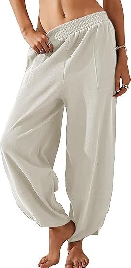 Himosyber Women Cotton Pants Wide Leg Pants Casual Loose Drawstring Low Waist Beach Palazzo Harem Pants (White-S) at Amazon Women’s Clothing store Wide Leg Pants Casual, Cozy Pants, Wide Leg Palazzo Pants, Casual Wide Leg Pants, Pants With Pockets, Pants Casual, Pants Wide Leg, Curvy Outfits, Cotton Pants