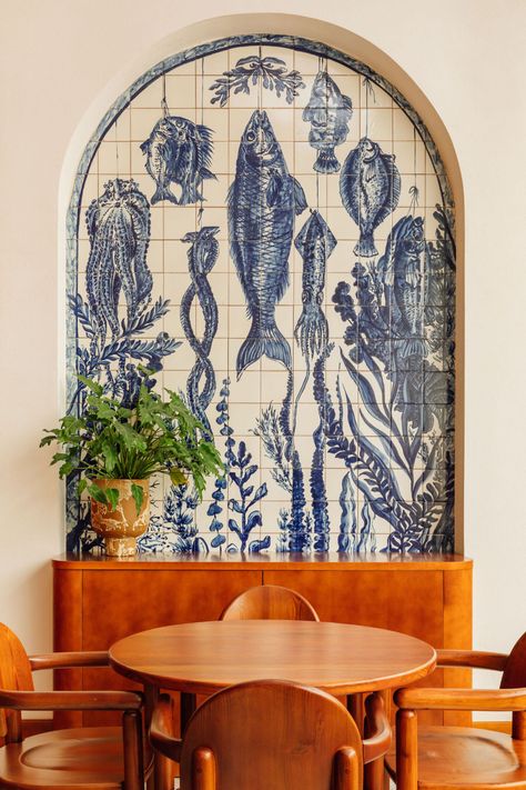 Rosamar: A Seafood Restaurant in Lisbon with Retro Seaside Style - Remodelista Korean House, Mosaic Floor Tile, Seaside Style, Tile Wall, Painted Paneling, Seafood Restaurant, Interior Design Firms, Interior Design Studio, Nautical Theme