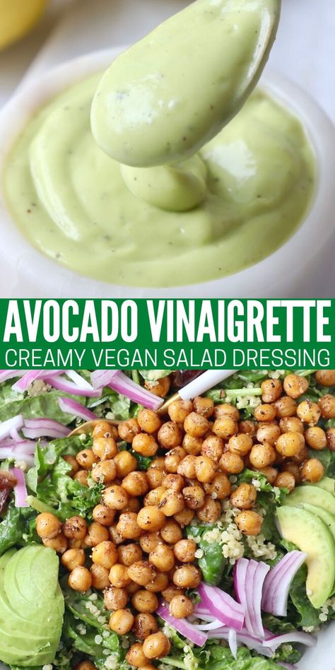 It's easy to blend up the best, most creamy Avocado Vinaigrette dressing in just 5 minutes! Toss it with your favorite salad, or use it as a dip for veggies. This salad dressing is versatile, vegan, gluten free and perfect for those on a keto diet! Deli Salads, Avocado Vinaigrette, Avocado Dressing Recipe, Dip For Veggies, Creamy Avocado Dressing, Salad Dressing Recipes Healthy, Vegan Salad Dressing, Healthy Sauces, Vegan Dressing