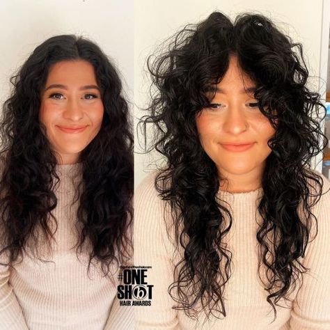 Long Curly Hair with Soft Curtain Bangs Curtain Bangs Ideas, Shaggy Curly Hair, Soft Curtain Bangs, Long Curly Haircuts, Curly Shag Haircut, Bangs Ideas, Medium Length Wavy Hair, Natural Curly Hair Cuts, Long Shag Haircut