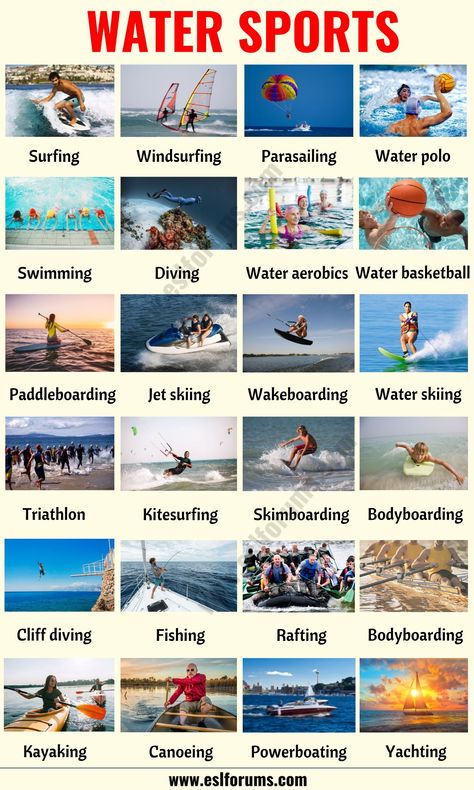 Water Sports | List of 30+ Incredibly Awesome Water Sports You Must Try! - ESL Forums Voculabary Words, Sports List, Tatabahasa Inggeris, English Learning Spoken, English Vocab, English Verbs, Interesting English Words, Good Vocabulary Words, Good Vocabulary