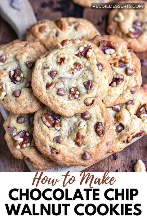 Stack of chocolate chip walnut cookies. Choc Chip Walnut Cookies, Chocolate Chip With Walnut Cookies, Chewy Chocolate Chip Walnut Cookies, Chocolate Chip Cookies With Walnuts Recipes Easy, Chocolate Chip Cookies Walnut, Walnut And Chocolate Chip Cookies, Walnut Chocolate Chip Cookies Recipes, Walnuts Cookies Recipe, Easy Walnut Cookies