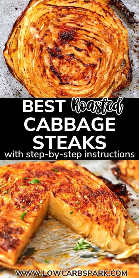 Learn how to make the best roasted cabbage steaks recipe that's perfectly caramelized on the edges and extremely delicious. Ready in less than 40 minutes, this cabbage recipe is a delicious side dish that pairs perfectly with any of your favorite proteins or is as simple as it is for a light lunch recipe. Vegan Cabbage Steaks Recipe, Roasted Cabbage Slices, Cabbage And Greens Recipes, Sliced Cabbage Recipe, Small Cabbage Recipes, Mushroom Cabbage Recipes, Cabbage Side Recipes, Best Cooked Cabbage Recipe, Different Ways To Cook Cabbage