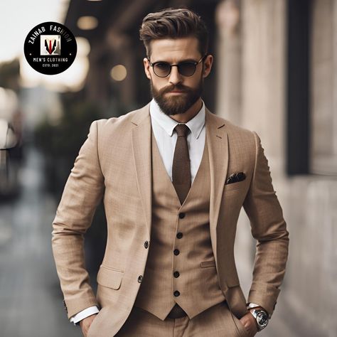 Tan Three Piece Suit, Khaki Suit Men Outfit Wedding, Grooms Linen Suit, Summer Wedding Suits Groom, Linen Suits Wedding, Khaki Groom, Brown Suit Wedding, Groom Suit Summer, Men Linen Suits