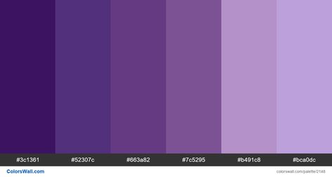 #Purple colors palette. HEX colors #3c1361, #52307c, #663a82, #7c5295, #b491c8, #bca0dc. Brand original color codes, colors palette. Dark Purple Color Palette, Purple Hex, Purple Color Code, Purple Color Palette, Sunset Color Palette, Purple Color Palettes, Hex Color Palette, Color Pallete, Color Palette Bright