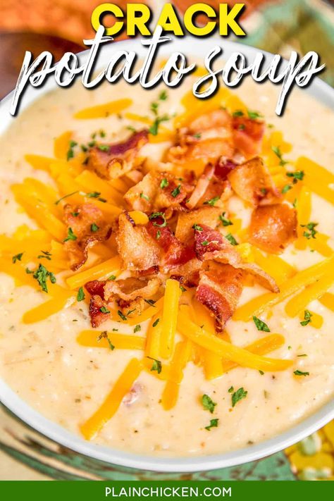 Slow Cooker Crack Potato Soup - potato soup loaded with cheddar, bacon and ranch. This soup is SO addictive! I wanted to lick the bowl!!! Frozen hash browns, cream of chicken soup, chicken broth, cheddar, bacon, ranch, cream cheese. Everyone RAVES about this easy soup recipe. All you need is some cornbread or biscuits and dinner is done!!! #slowcooker #soup #cheddar #bacon #ranch #potatosoup Slow Cooker Potato Soup, Slow Cooker Potatoes, Shredded Hash Browns, Potato Soup Easy, Potato Soup Crock Pot, Loaded Potato Soup, Soup Recipes Slow Cooker, Potato Soup Recipe, Hash Browns