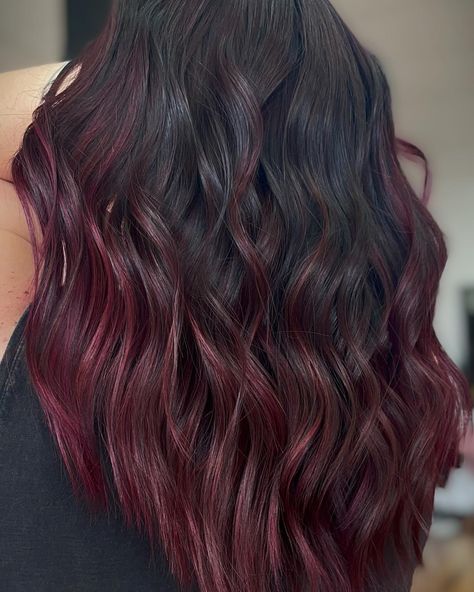 Cola Red Hair Highlights, Cherry Cola Hair Balayage, Cherry Cola Ombre Hair, Cherry Coke Highlights On Black Hair, Cherry Cola Balayage On Black Hair, Cherry Cola Highlights On Black Hair, Cherry Dr Pepper Hair Color, Cherry Red Peekaboo Hair, Cherry Cola Hair Highlights