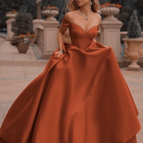 Soft Autumn Prom Dress, Burnt Orange Quinceanera Dress, Orange Wedding Dress The Bride, Autumn Court Dress, Acotar Gowns, Orange Princess Dress, Orange Ball Gown, Orange Ball Dresses, Burnt Orange Prom Dress