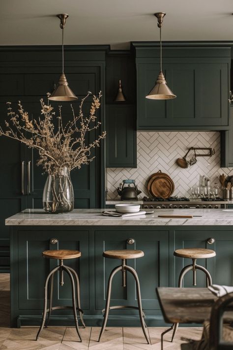 Hunter Green Cabinets, Hunter Green Kitchen Cabinets, Hunter Green Kitchen, Moody Farmhouse, Modern Rustic Kitchen, Moody Interior Design, Moody Kitchen, Dark Green Kitchen, Marble Herringbone