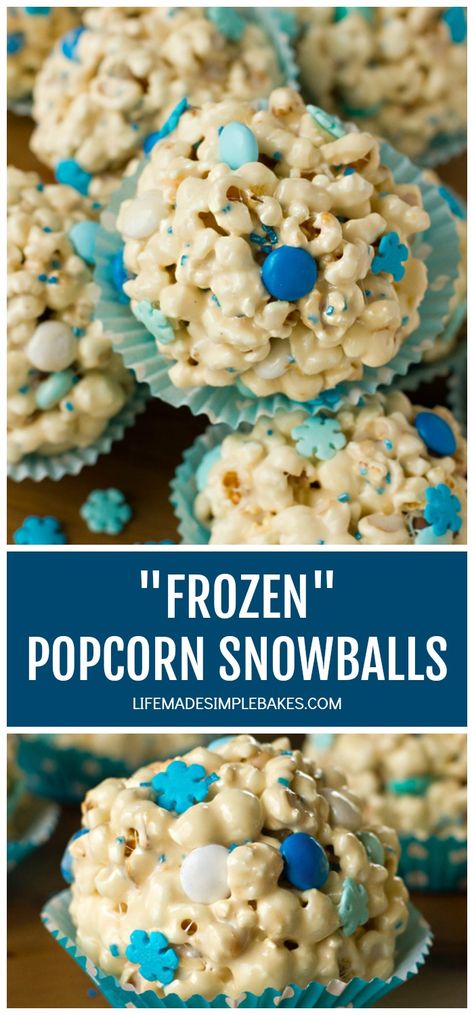 Popcorn Snowballs Recipe Frozen Party Appetizers, Gooey Popcorn, Princess Brunch, Watermelon Treats, Frozen Popcorn, Snowballs Recipe, Life Made Simple, Sweet Popcorn, Frozen Themed Birthday Party