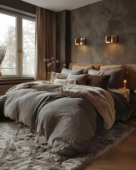 How Grey Wall Paint Design Can Enhance Your Home's Style • 333+ Art Images Textured Room Design, Grey Luxury Bedroom Ideas, Grey Beige Bedding, Grey Bedroom Wall Colors, Room Decor Ideas Grey Walls, Brown Grey Walls, Masculine Dark Bedroom, Bedroom Grey Aesthetic, Gray Bedding Bedroom