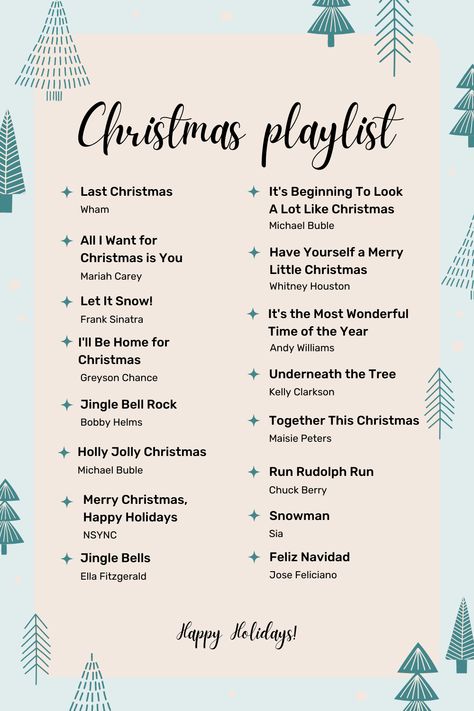 No matter what you're doing this holiday season, make sure to add these festive tunes to your playlist. From classics like "Last Christmas" by Wham, to modern favorites like "Snowman" by Sia, we've got you covered. Happy holidays! Snowman By Sia, Last Christmas Wham, Mariah Carey Whitney Houston, Andy Williams Christmas, Michael Buble Christmas, Greyson Chance, Christmas Playlist, Carol Of The Bells, Andy Williams