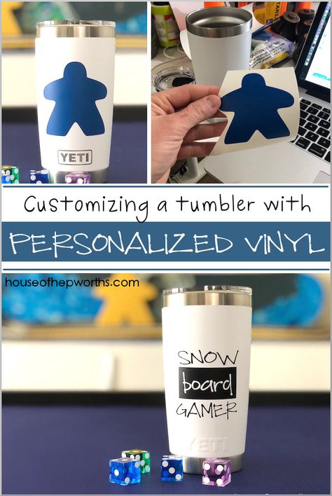 Personalize a YETI tumbler with custom vinyl from a Silhouette or Cricut. Tutorial at www.houseofhepworths.com Vinyl On Yeti Tumblers Diy, Personalized Yeti Tumblers, Board Game Room, Vinyl House, Powder Coated Tumblers, Yeti Tumbler, Design Logos, Bee Crafts, Custom Tumbler