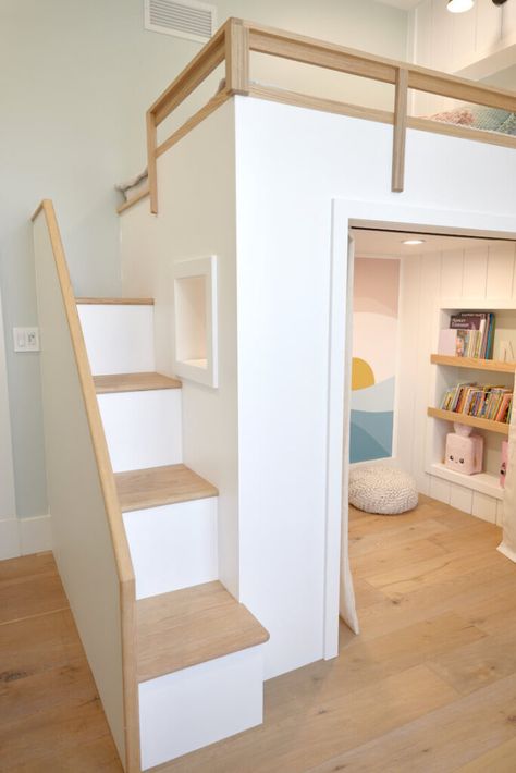 Loft Bed Stairs Diy Plans, Girls Loft Bed With Stairs, Dollhouse Loft Bed, Built In Loft Bed Small Room, Build In Loft Bed, Playhouse Loft Beds For Kids, Building Loft Bed, Lofted Double Bed, Kids Bed Loft