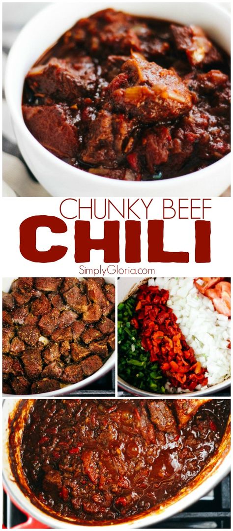 Chunky Beef Chili - Simply Gloria Chunky Beef Chili Recipe, Chunky Chili Recipe, Meat Chili, Beef Chili Recipe, Chile Recipes, Best Chili Recipe, Chili Recipe Crockpot, Chili Soup, Rice And Beans