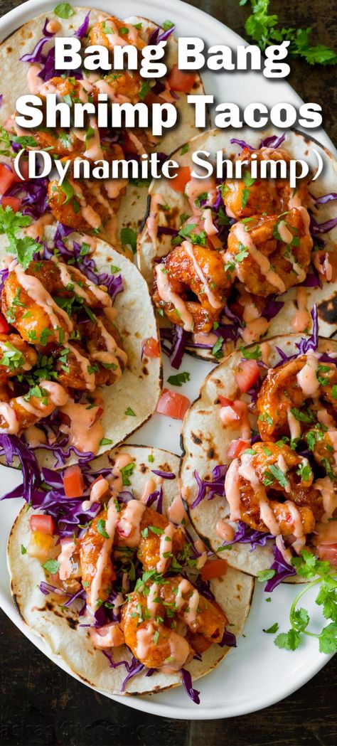 Bang Bang Shrimp are crispy, creamy, sweet, and spicy. They are so satisfying served as Bang Bang Shrimp Tacos drizzled with that famous sauce. Bang Bang Shrimp Tacos, Shrimp Taco Recipe, Mexikansk Mat, Shrimp Taco, Shrimp Taco Recipes, Bang Bang Shrimp, Shrimp Recipes For Dinner, Taco Recipe, Shrimp Recipes Easy