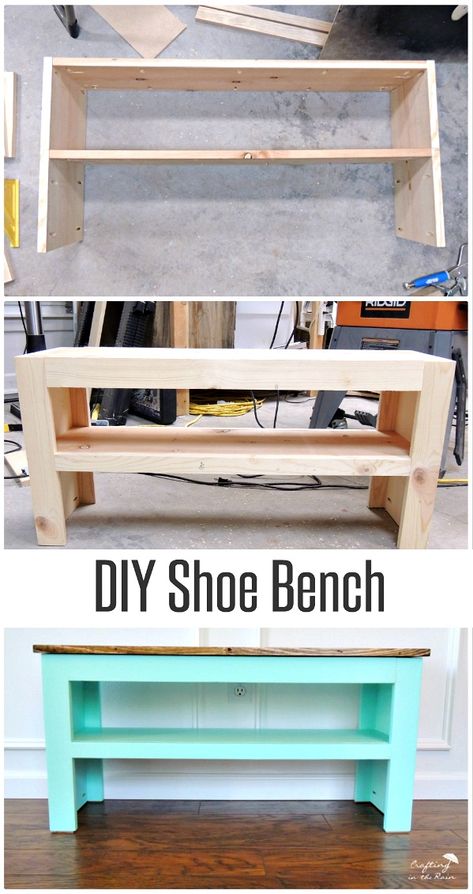 Free plans to build a diy shoe bench that will look great in your entry and keep all the shoes organized. Customize with paint and stain. Shoe Rack Storage Ideas, Build Entryway, Diy Shoe Bench, Diy Entryway Ideas, Rack Storage Ideas, Shabby Chic Entryway, Entryway Shoe Bench, Diy Bank, Shoe Bench Entryway