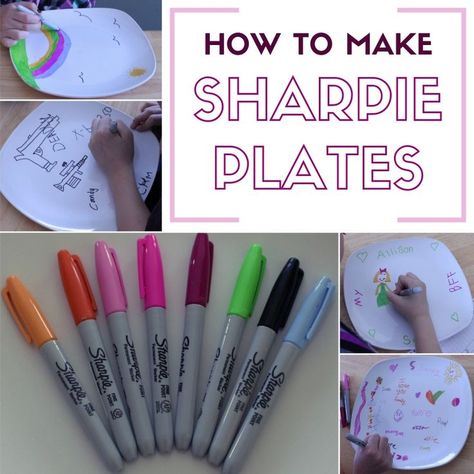 Decorating ceramic plates with the kids is a handmade craft that everyone will love. Keep your kid's artwork on marker plates!#sharpieplates#crafty#sharpies#madebykids#kidscrafts Sharpie Plates, Sharpie Crafts, Keepsake Crafts, Diy Sharpie, Plates Diy, Sharpie Art, Diy Craft Tutorials, Plate Crafts, Cadeau Diy