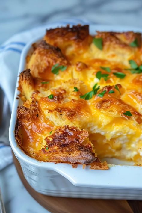 Savory Cheese Strata Bake Cheese Strata Recipe, Cheese Strata, Savory Cheese, Dish Warmer, Dessert Smoothie, Bread Snacks, Comfort Dishes, Soup Dinner, Make Ahead Meals