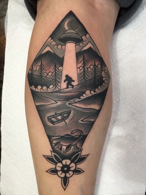 UFO Sasquatch & Loch Ness Monster by Silje Hagland done at Scapegoat tattoo in Portland, Oregon Bigfoot Tattoo, American Folklore, Creature Ideas, Ufo Tattoo, Monster Tattoo, Mythological Creature, Kunst Tattoos, Alien Tattoo, Loch Ness Monster