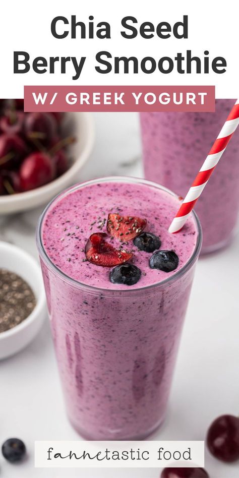 This creamy chia seed smoothie recipe with berries and Greek yogurt makes a delicious healthy breakfast recipe or satisfying snack! You can enjoy this berry yogurt smoothie any time of year - fresh fruit or frozen fruit both work! Smoothie Recipes Chia Seeds, Vanilla Yogurt Smoothie Recipes, Yogurt Fruit Smoothie Recipes, Chia Seed Shake Recipes, Yoghurt And Berries, Chia Seeds Yogurt Recipe, Smoothies With Fresh Fruit, Chia Seeds With Yogurt, Greek Yogurt Chia Seeds Breakfast