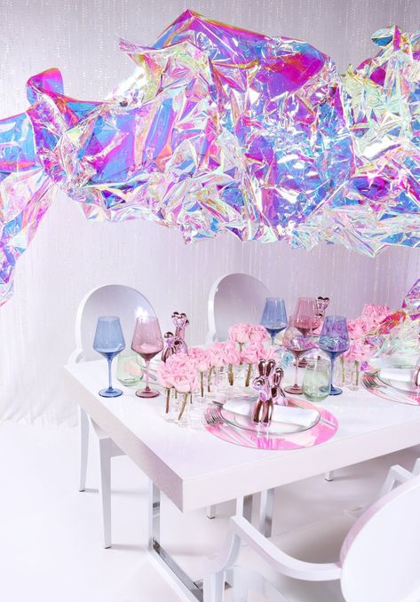 See the dazzling party theme everyone will obsess over and real event examples to follow. Shine Bright Birthday Party, Iridescent Themed Wedding, Holographic Theme Party, Irridescent Theme Party, Outer Space Wedding Theme, Holographic Party Decor, Iridescent Party Ideas, Iridescent Party Theme, Glitter Party Decor