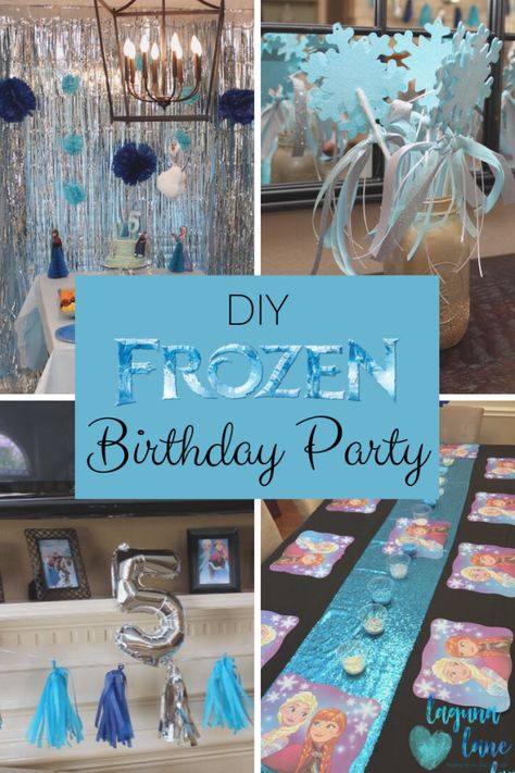 Throw a birthday party fit for Elsa herself without a royal budget. Check out my tips for a DIY Frozen birthday party - on a budget!  Crafts, decorations, favors, and more are included! | Laguna Lane Diy Frozen Birthday Party, Frozen Birthday Decorations, Frozen 3rd Birthday, Birthday Party On A Budget, Frozen Birthday Party Decorations, Elsa Birthday Party, Frozen Decorations, Frozen Bday Party, Frozen Party Decorations