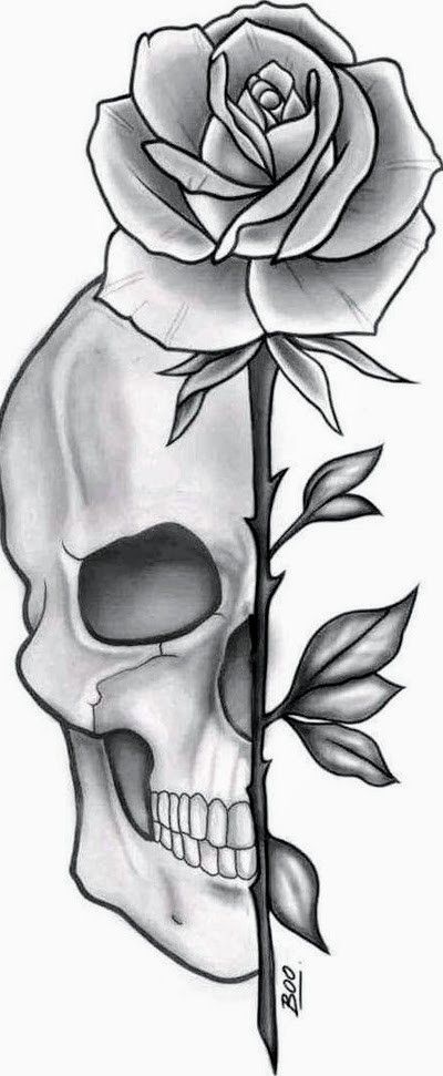 Skull And Rose Drawing, Sugar Skull Art Drawing, Skull Drawing Sketches, Skull Rose Tattoos, Rose Drawing Tattoo, Simple Skull, Skull Sketch, Tattoo Outline Drawing, Skull Art Drawing