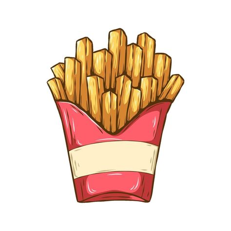 Chips Drawing Food, French Fries Illustration Art, How To Draw French Fries, French Fries Painting, French Fries Vector, Healthy Foods Drawing, French Fry Drawing, French Fry Tattoo, French Fries Tattoo