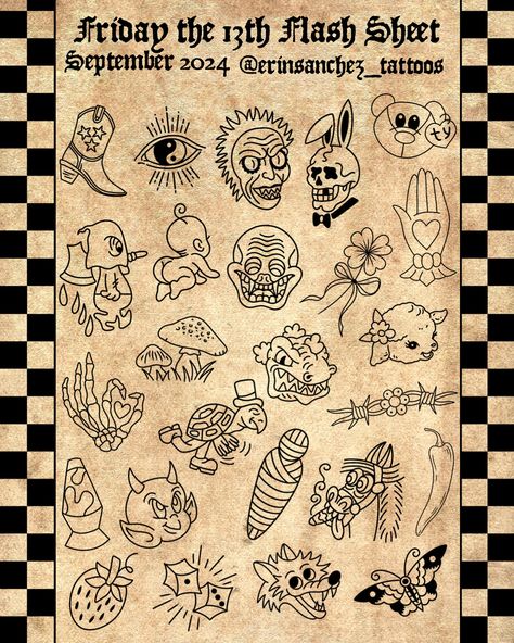 THEY’RE HEEERREEE!! • My Friday the 13th flash will be available on….Friday the 13th ✨shocker✨ Event Details: 💥FIRST COME FIRST SERVE 💥 Time: 2pm-8pm 💥Depending on the wait we will stop taking names by 6/7ish! 💥ZERO changes/modifications or exclusions (ex: removing the 13to any designs) 💥Arms & Legs ONLY • • • If you have any questions, DM me and I will get back to you 😊 • • • • • • • • #fridaythe13th #fridaythe13thtattoo #flashevent #flashart #tattooflashart #tattooflashsheet #tradflash #tr... Simple Friday The 13th Tattoo Flash, Friday The 13th Tattoo Flash, Friday The 13th Flash, Friday The 13th Tattoo, 13 Tattoos, Tattoo Flash Sheet, First Come First Serve, Tattoo Flash Art, Event Details