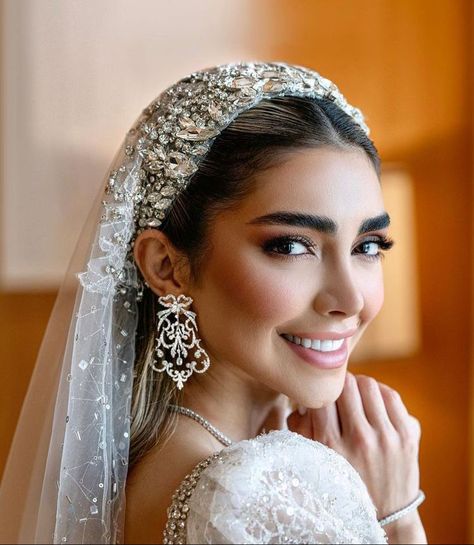 Brides With Headpieces, Bride Veil Hairstyles, Bridal Hairstyle With Veil, Arab Bride, Bride Hair Down, Sweep Train Wedding Dress, Wedding Dress Types, White Winter Wedding, Bride Dress Simple