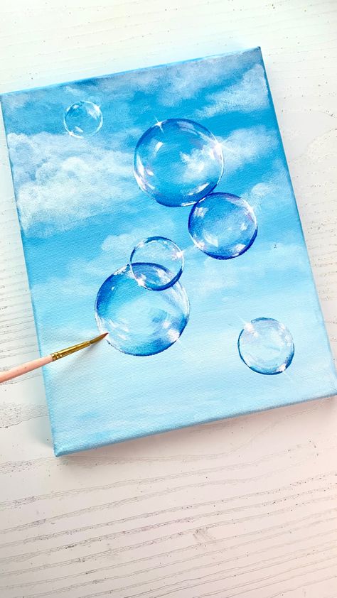 Painting Bubbles On White Background, Bubbles Acrylic Painting, Bubble Painting Easy, How To Paint Bubbles Acrylic, Acrylic Bubble Painting, Paintings With Blue Backgrounds, How To Paint Bubbles, Watercolor Bubbles Painting, Art With Bubbles