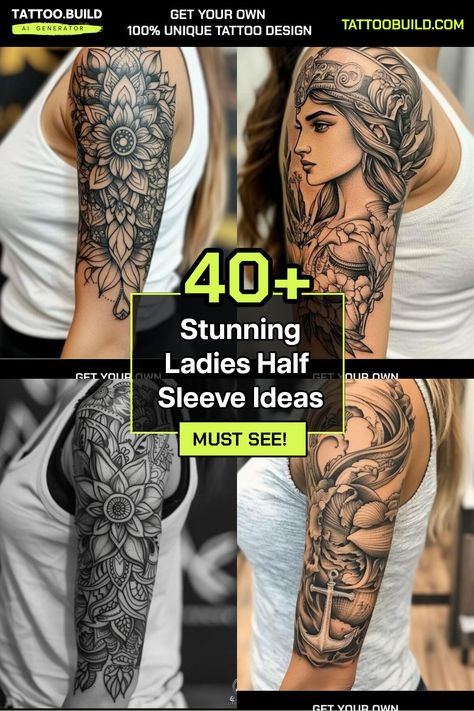 Elegant Womens Half Sleeve Tattoo Designs Gallery Womens Half Sleeve Tattoo, Half Sleeve Tattoo Upper Arm, Womens Half Sleeve, Half Sleeve Tattoo Ideas, Half Arm Sleeve Tattoo, Unique Half Sleeve Tattoos, Arm Sleeve Tattoos For Women, Half Sleeve Women, Cool Half Sleeve Tattoos